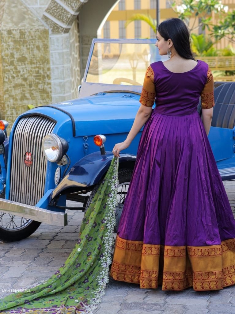 Purple Shimmer Silk Embroidered Handwork Lace Work Gown with Dupatta