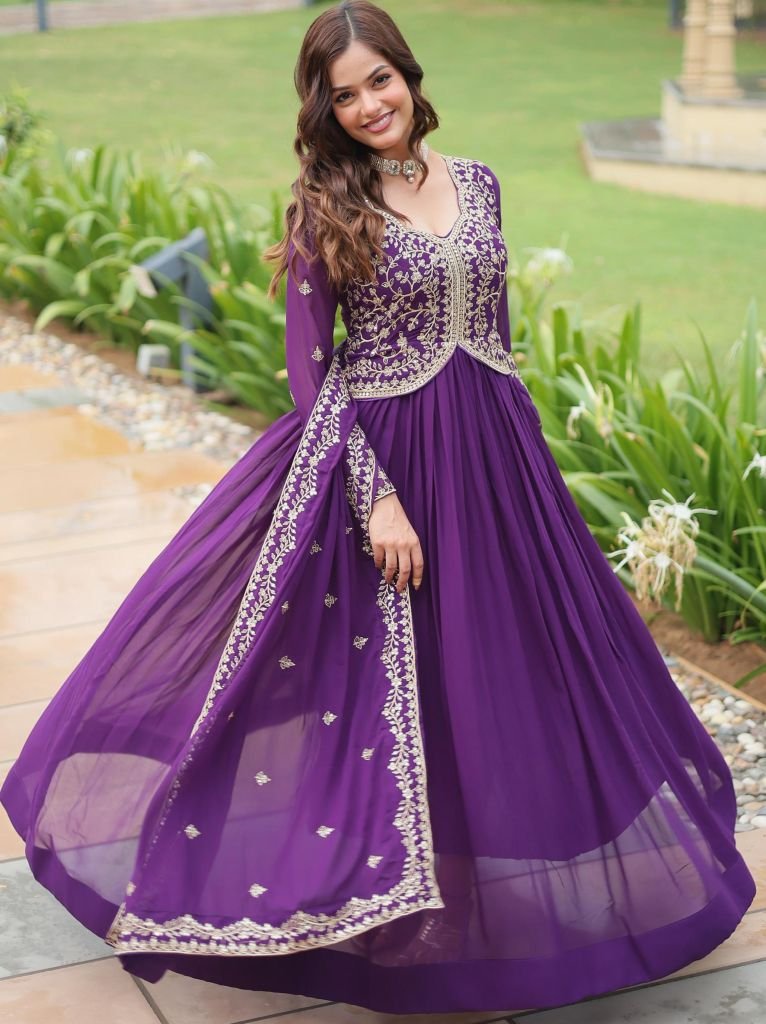 Purple Sequins Zari Embroidered Work Gown Dupatta Set