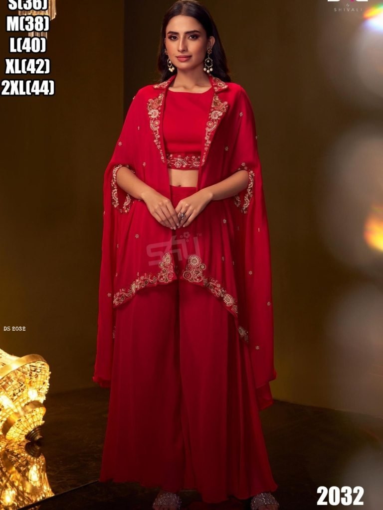 S4u Party wear Red Indo Western Style Sharara Suit Set