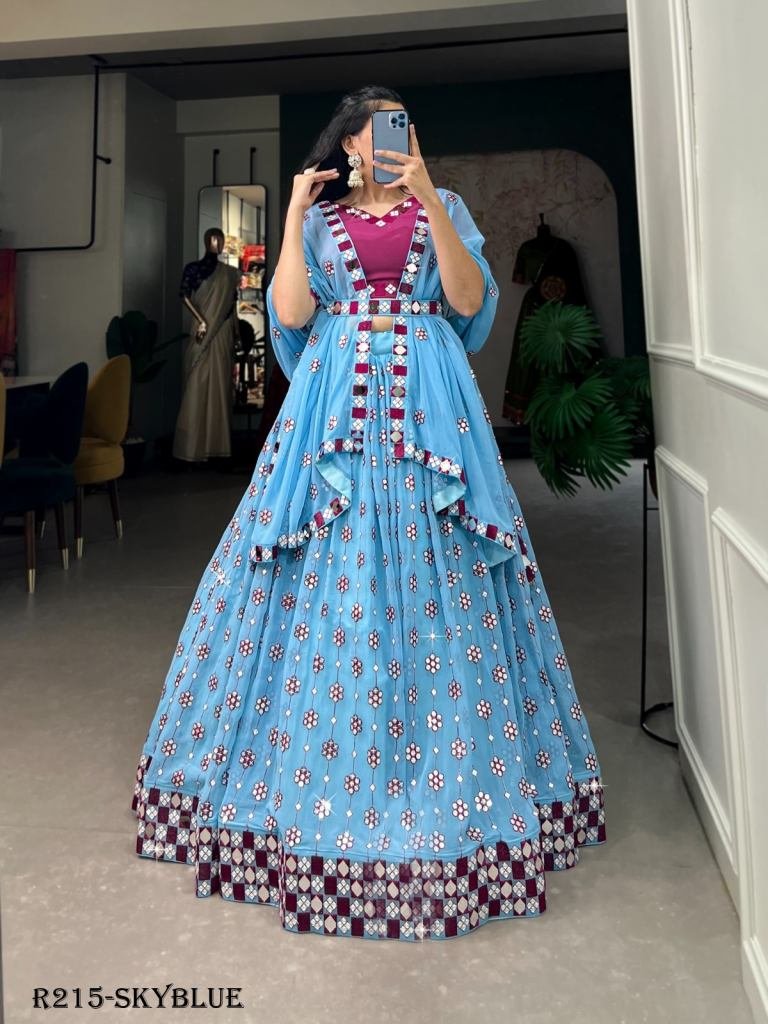 Sky Blue Classic Party Wear Georgette Lehenga Choli With Mirror