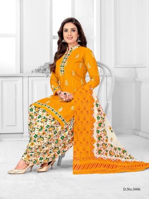 3406 Yellow Pure Cotton Readymade Printed Patiala Suits