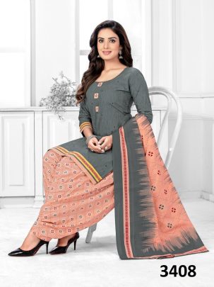 3408 Gray And Cream Pure Cotton Readymade Printed Patiala Suits