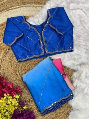 3mm Sequence Work Blue Colour Georgette Satin Saree