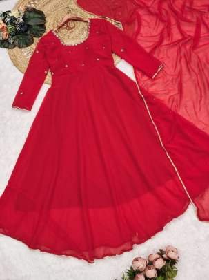 4 Meter Flair Handwork Red Anarkali Kurti With Fox Georgette Dupatta