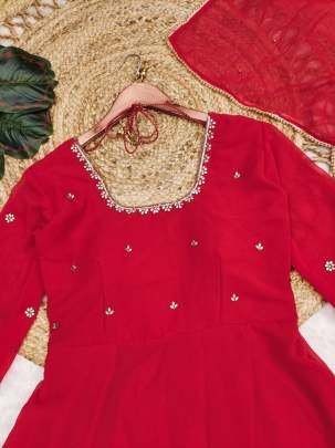4 Meter Flair Handwork Red Anarkali Kurti With Fox Georgette Dupatta