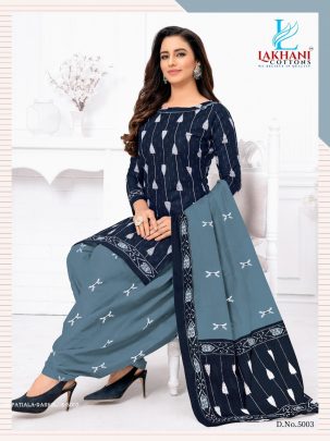 5003 Dark Blue Pure Cotton Readymade Printed Patiala Suits