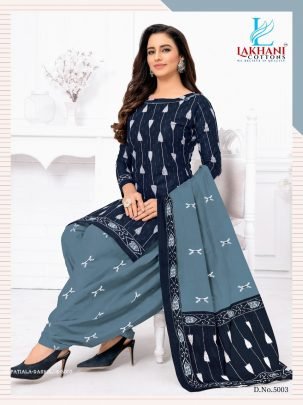 5003 Dark Blue Pure Cotton Readymade Printed Patiala Suits