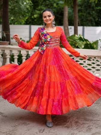 9 Miter Flair Kutchi Patche Work Red And Pink Navratri Gown