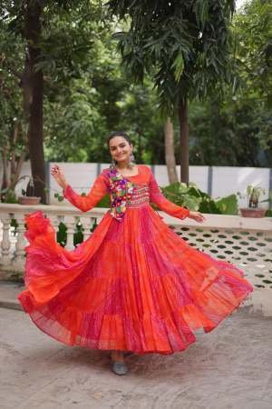 9 Miter Flair Kutchi Patche Work Red And Pink Navratri Gown