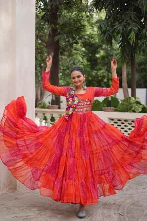9 Miter Flair Kutchi Patche Work Red And Pink Navratri Gown