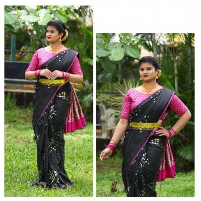 Fancy Banarasi silk Black With Pink Border Sarees
