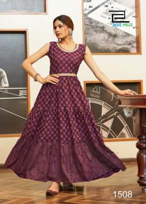 Designer Printed Kurti Long Frill Gown in Purple - Rsm Silks Online-demhanvico.com.vn