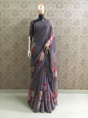 Party Wear Pure Georgette And Grey Digital Print Sarees