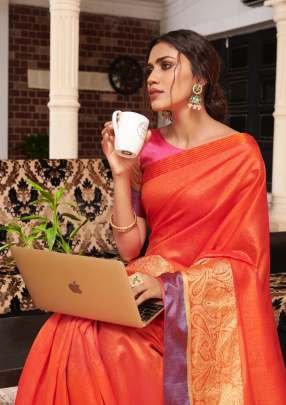 Orange Handloom Tulip Silk Saree From Fab Funda