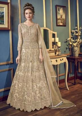Satin Embroidery Cream Color Net Gown With Dupatta
