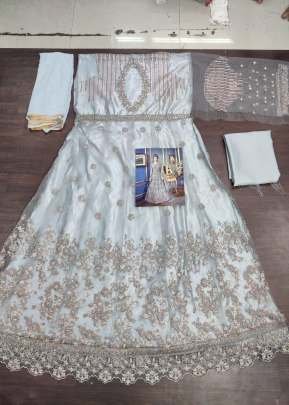 Satin Embroidery Cream Color Net Gown With Dupatta