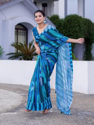 AARADHNA 8 Blue Digital Print With Sequence Work Faux Georgette Saree