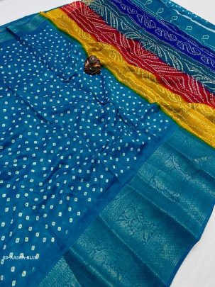 AASHA Blue Fancy Printed Bandhani Saree With Rainbow Pallu