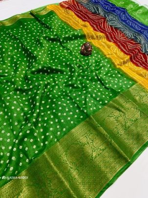AASHA Green Fancy Printed Bandhani Saree With Rainbow Pallu