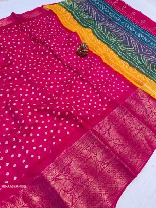 AASHA Pink Fancy Printed Bandhani Saree With Rainbow Pallu