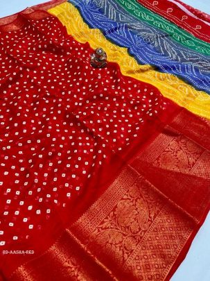 AASHA Red Fancy Printed Bandhani Saree With Rainbow Pallu