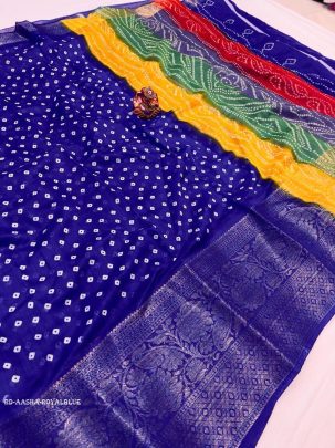 AASHA Royal Blue Fancy Printed Bandhani Saree With Rainbow Pallu