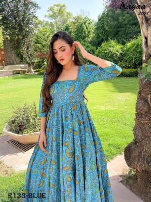 Aayaa Sky Blue Digital Printed Pure Cotton Anarkali Gown