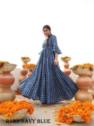 Aayaa Navy Blue Digital Printed Pure Cotton Anarkali Gown
