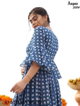 Aayaa Navy Blue Digital Printed Pure Cotton Anarkali Gown