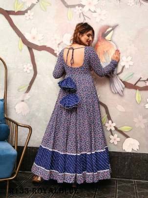 Aayaa Royal Blue Digital Printed Pure Cotton Anarkali Gown
