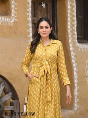 AAYAA Vol 7 Yellow Digital Printed Pure Muslin Silk Kurtis Set