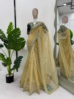 Amazing Cording And Sequence Work Twill Net Saree