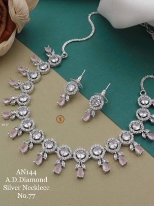 American Diamond Silver and Pink Stone Necklace -AN 144