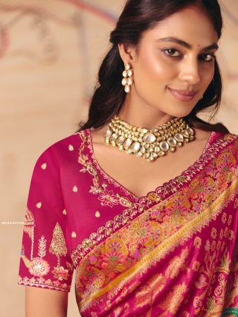 Anaara Elegant Rani Pink Saree With Heritage Print By Tathasu