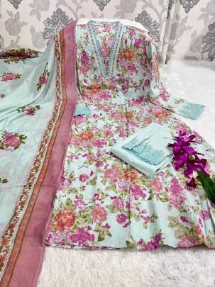 Anarkali Style Embroidery Work kurti Pant Dupatta Set