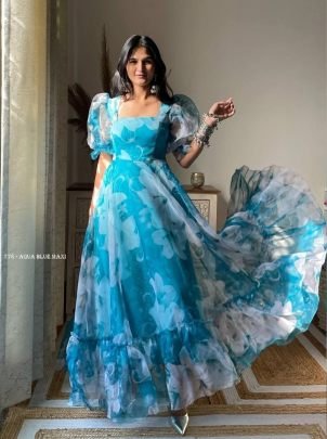 Aqua Blue Taby Organza Floral Print Maxi Dress