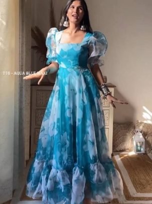 Aqua Blue Taby Organza Floral Print Maxi Dress