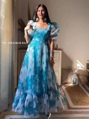 Aqua Blue Taby Organza Floral Print Maxi Dress