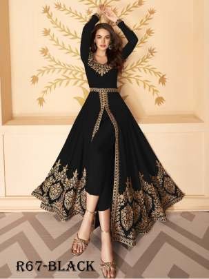 Attractive Black Georgette Unstitched Suits With Full Flair