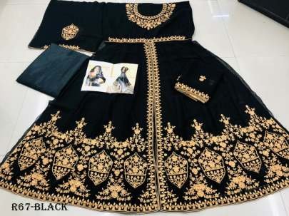 Attractive Black Georgette Unstitched Suits With Full Flair