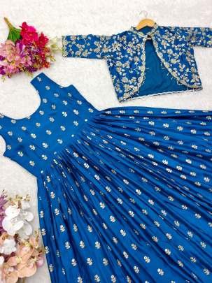 Attractive Designer Blue Pure Chinon Silk Gown With Heavy Work Jacket