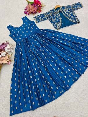 Attractive Designer Blue Pure Chinon Silk Gown With Heavy Work Jacket