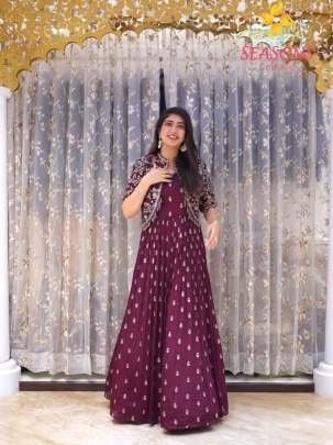 Attractive Designer Wine Pure Chinon Silk Gown With Heavy Work Jacket