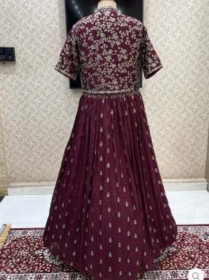 Attractive Designer Wine Pure Chinon Silk Gown With Heavy Work Jacket