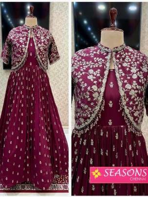 Attractive Designer Wine Pure Chinon Silk Gown With Heavy Work Jacket