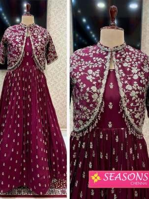 Attractive Designer Wine Pure Chinon Silk Gown With Heavy Work Jacket