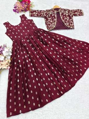 Attractive Designer Wine Pure Chinon Silk Gown With Heavy Work Jacket