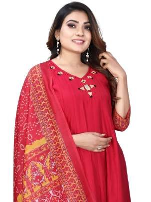 Attractive Light Red Roman Silk Anarkali Kurtis Dupatta Set