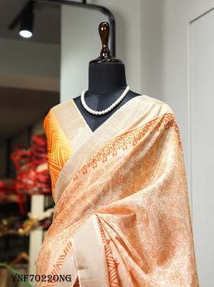 Attractive Orange Color Digital Printed Handloom Kotha Border Saree