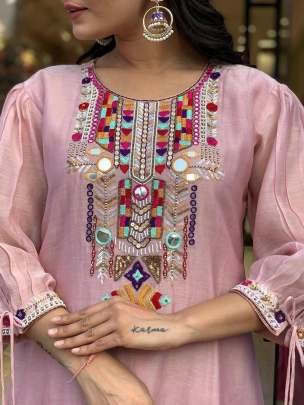 Attractive Pink Mirror Work Chanderi Kurtis Set With Fancy Sleeves